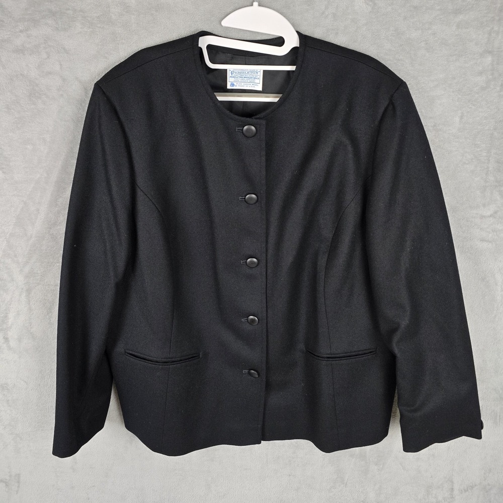 VTG Pendleton Womens 20W Black Virgin Wool Collarless Blazer Jacket Made in USA